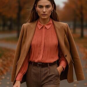 7 For All Mankind Blouse M Orange Pleated Collared Long‎ Sleeve Workwear Career